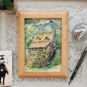 Original Art Frame Mountain House Pen Watercolor